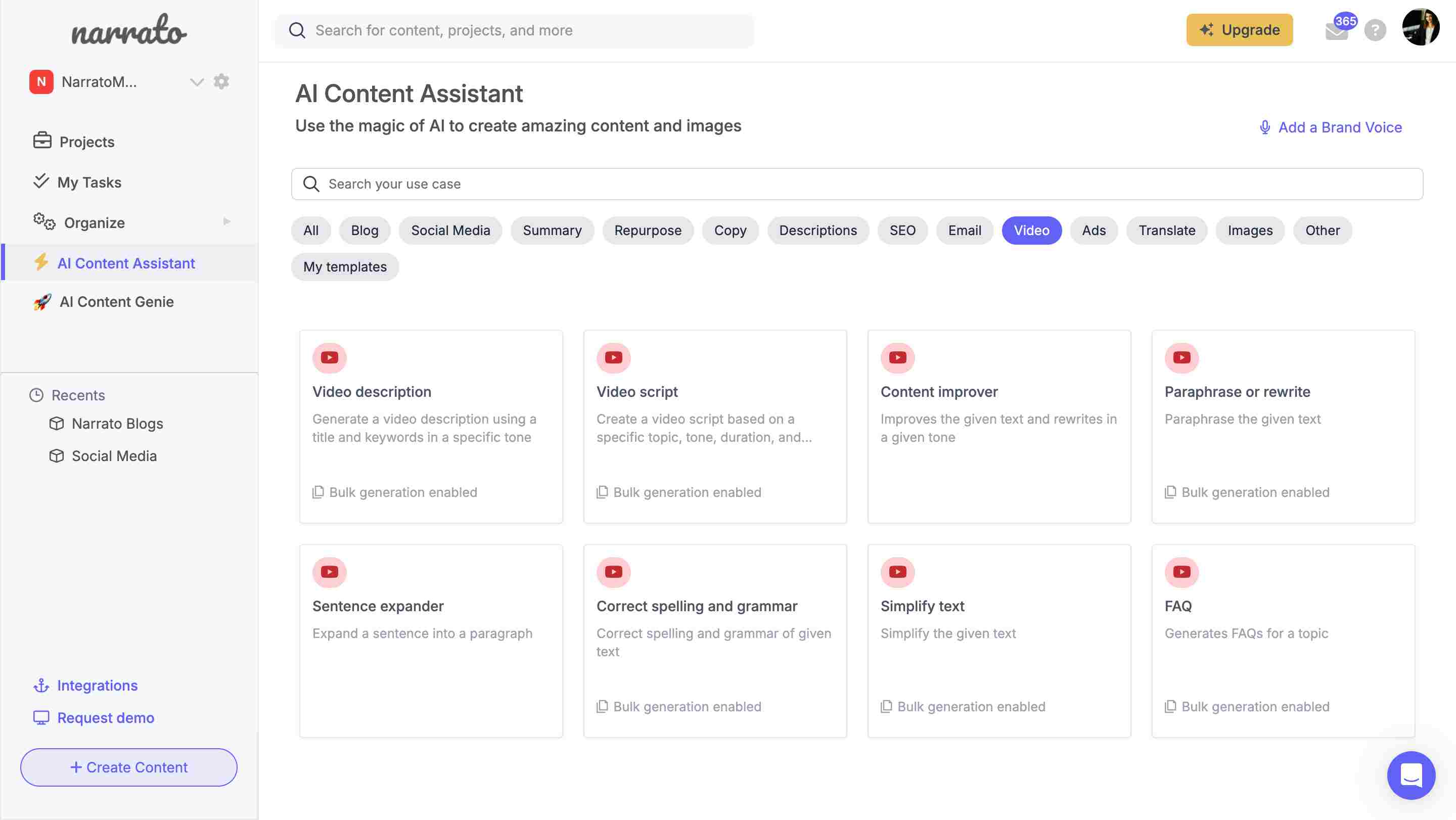 AI video content creation tools on Narrato’s AI Content Assistant