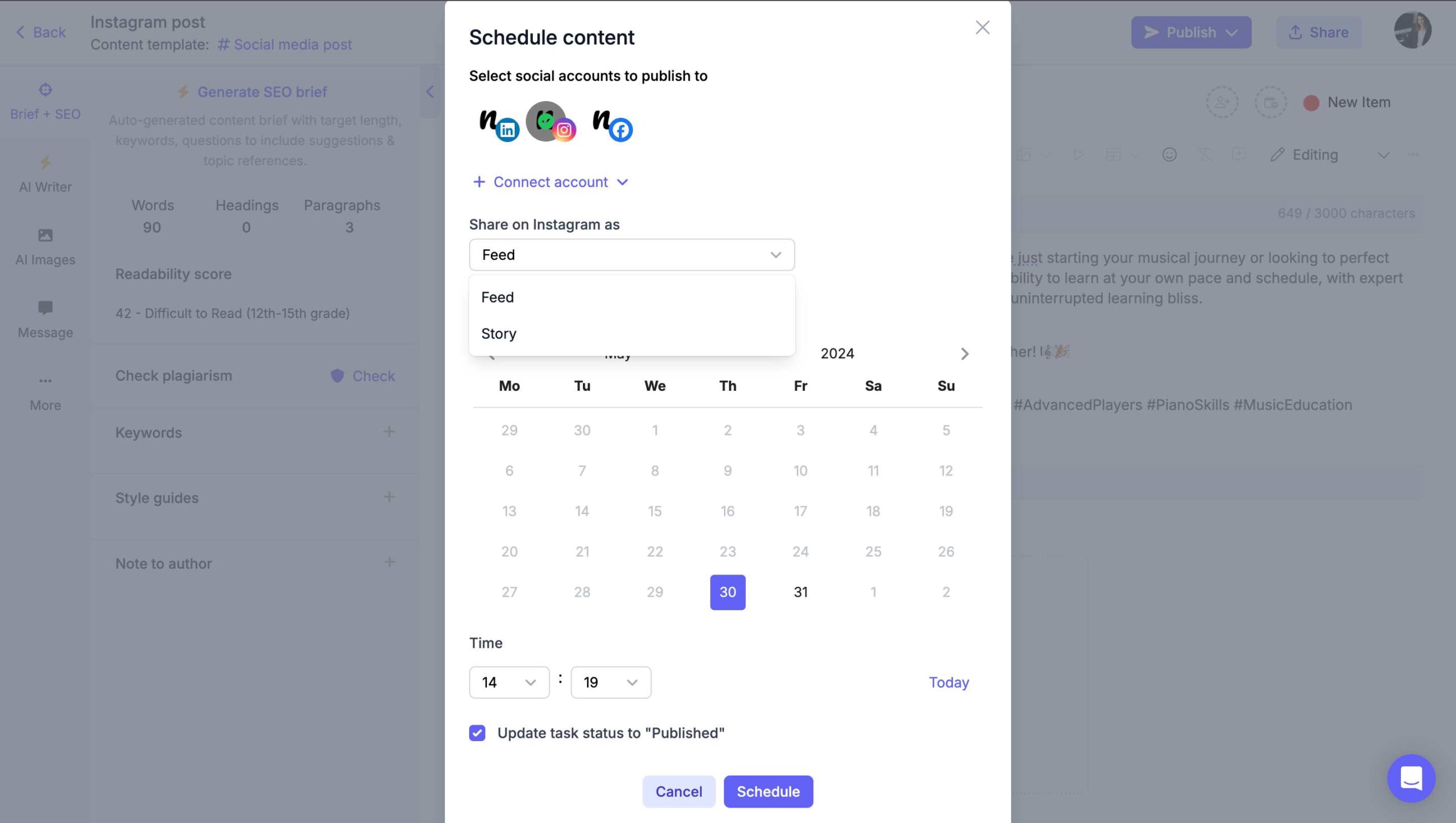 Scheduling/publishing Instagram post 