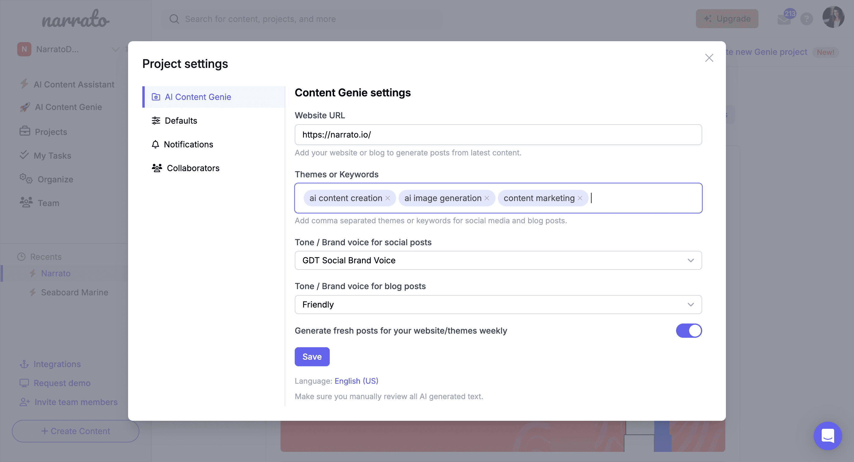 Adjusting the settings of AI Content Genie