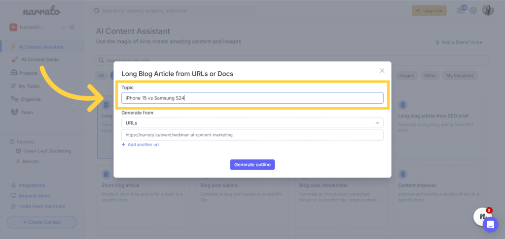 AI for product comparison articles on Narrato - long blog article generator