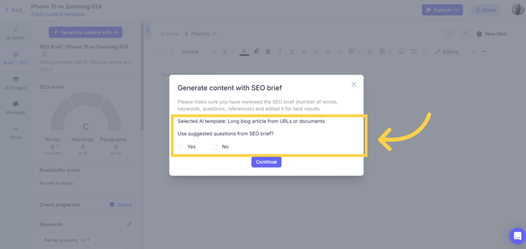 AI product comparison articles generated from SEO brief on Narrato