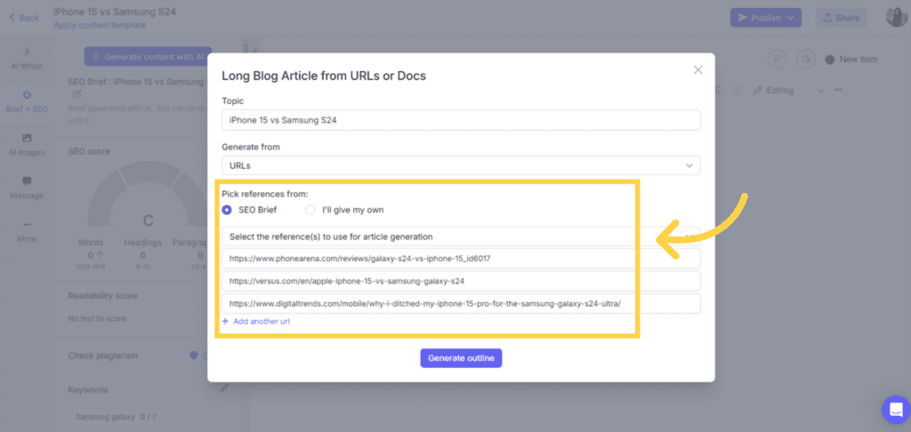 AI product comparison articles generated from reference URLs on SEO brief on Narrato