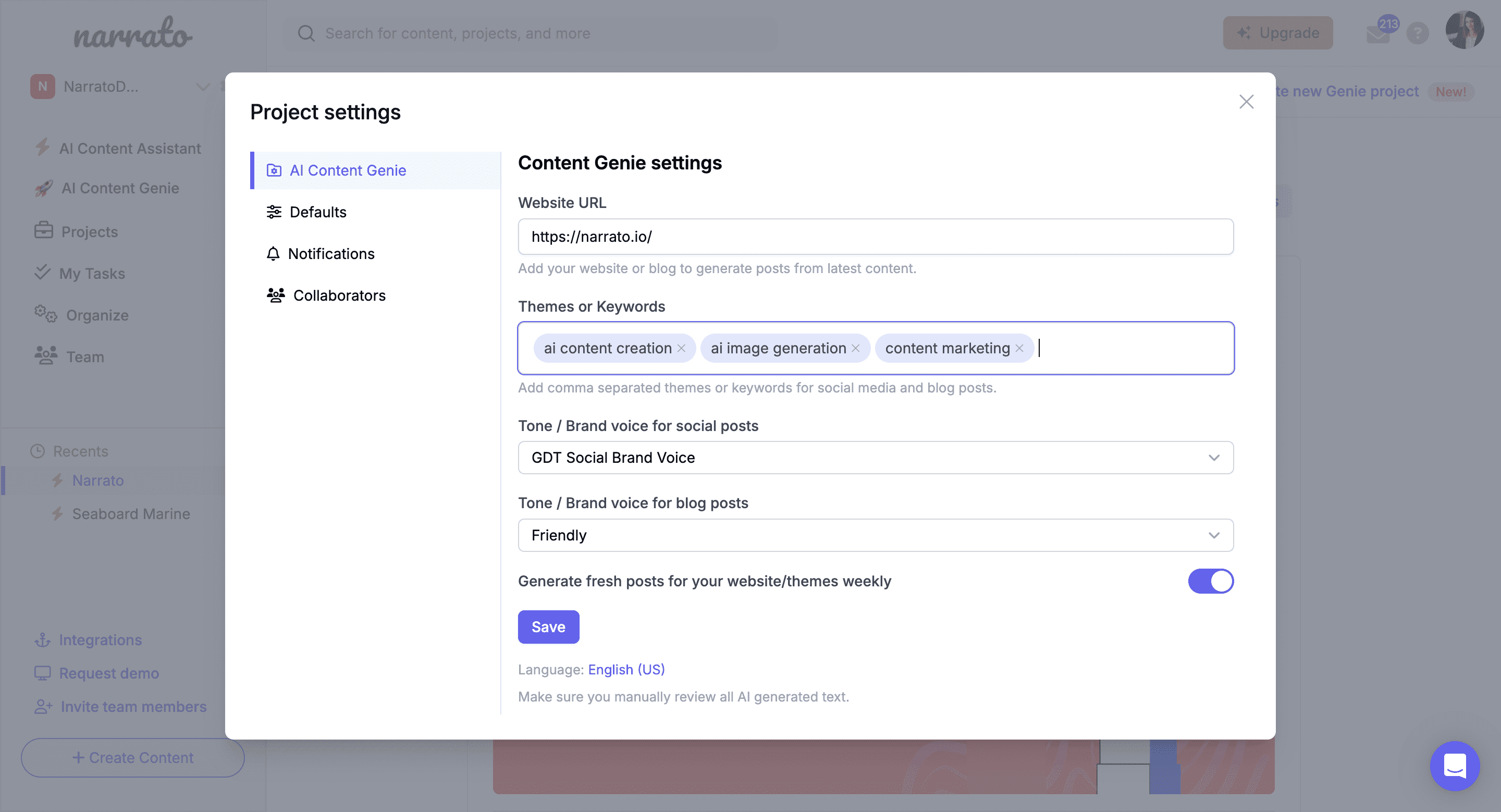 Settings on AI Content Genie