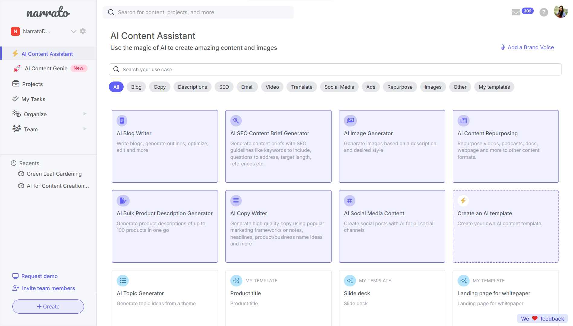 Narrato’s AI Content Assistant with 100+ AI tools & templates