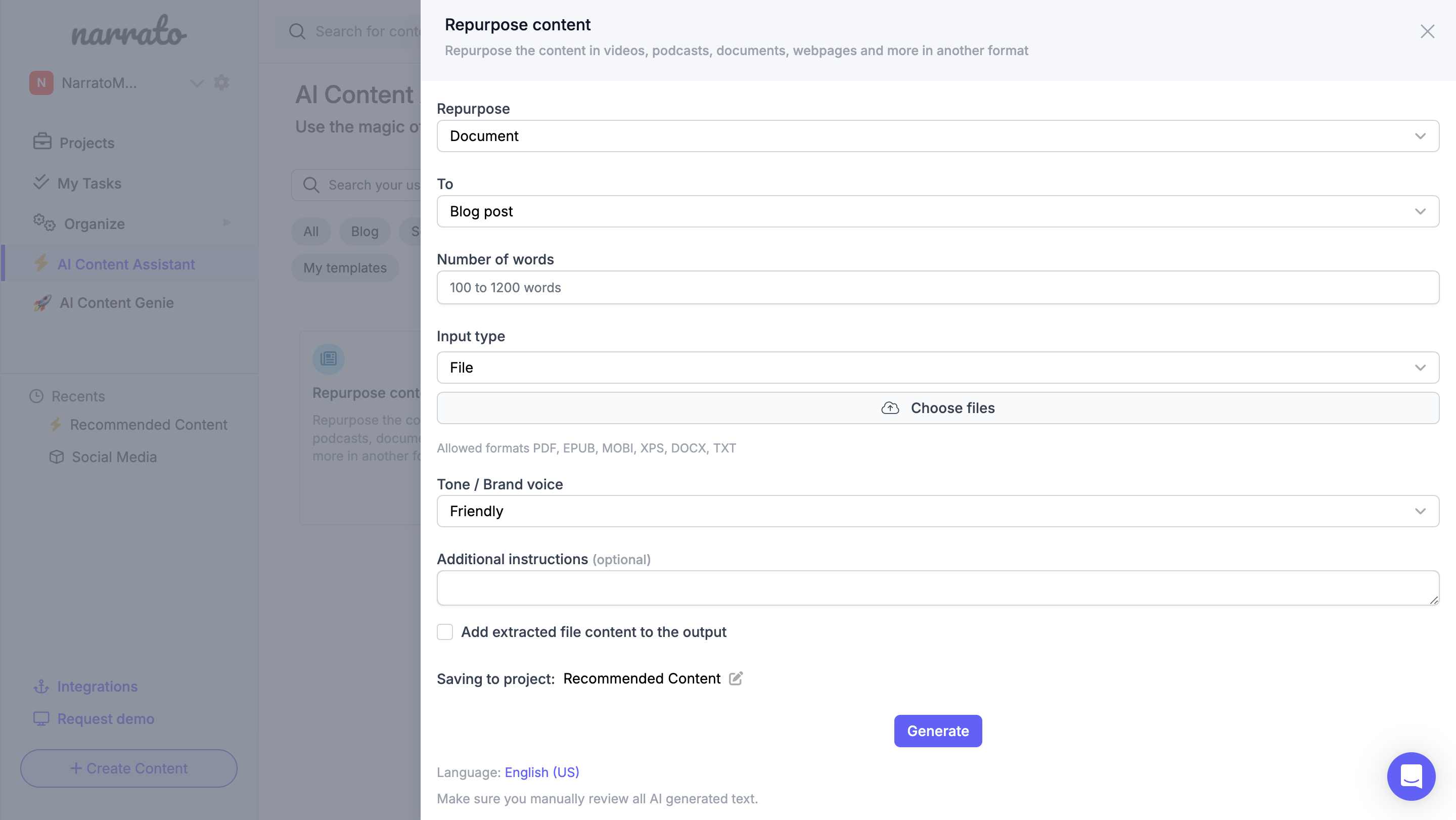 Narrato AI content repurposing tool