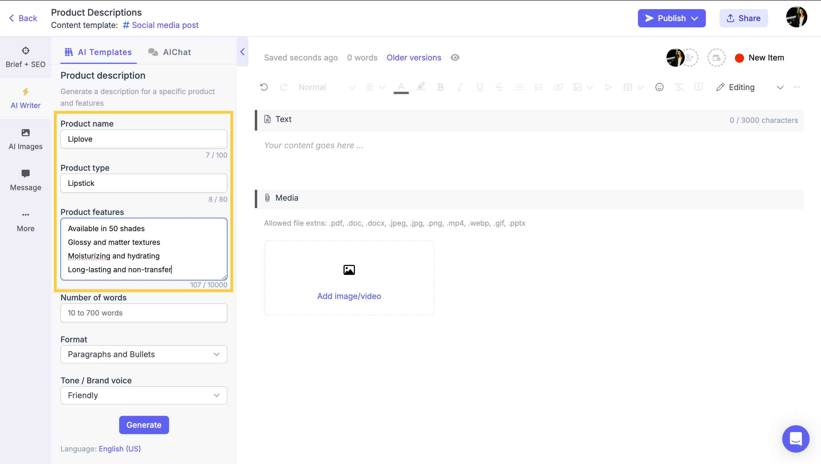 Specifying product details to the AI product description generator