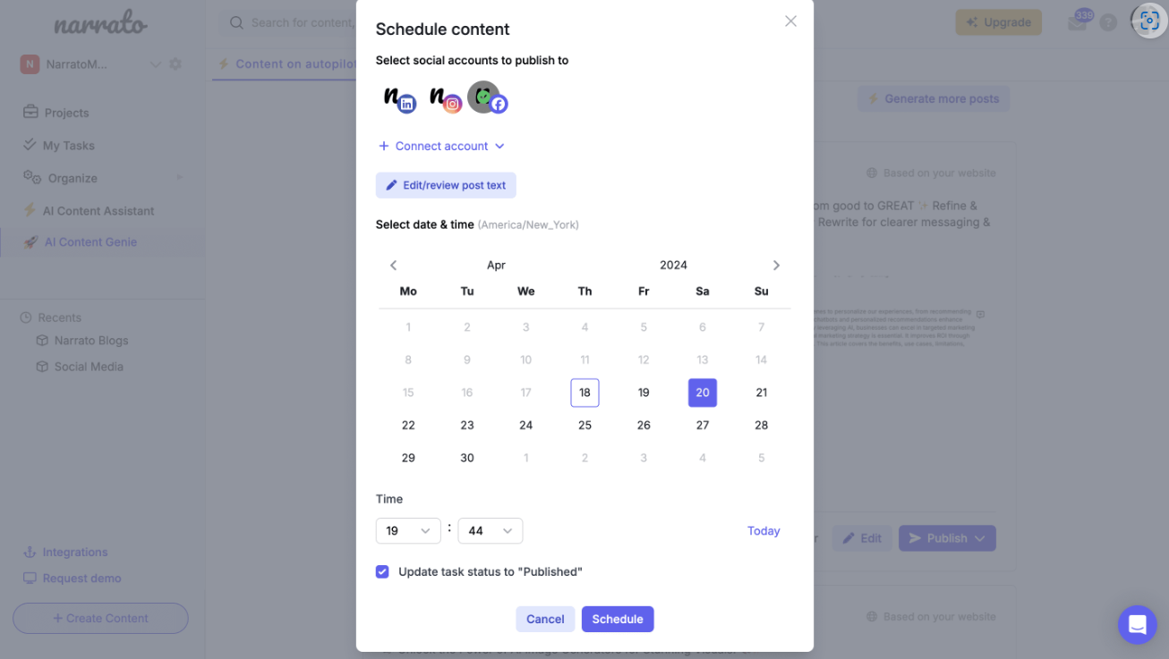 Scheduling social media posts on Narrato AI