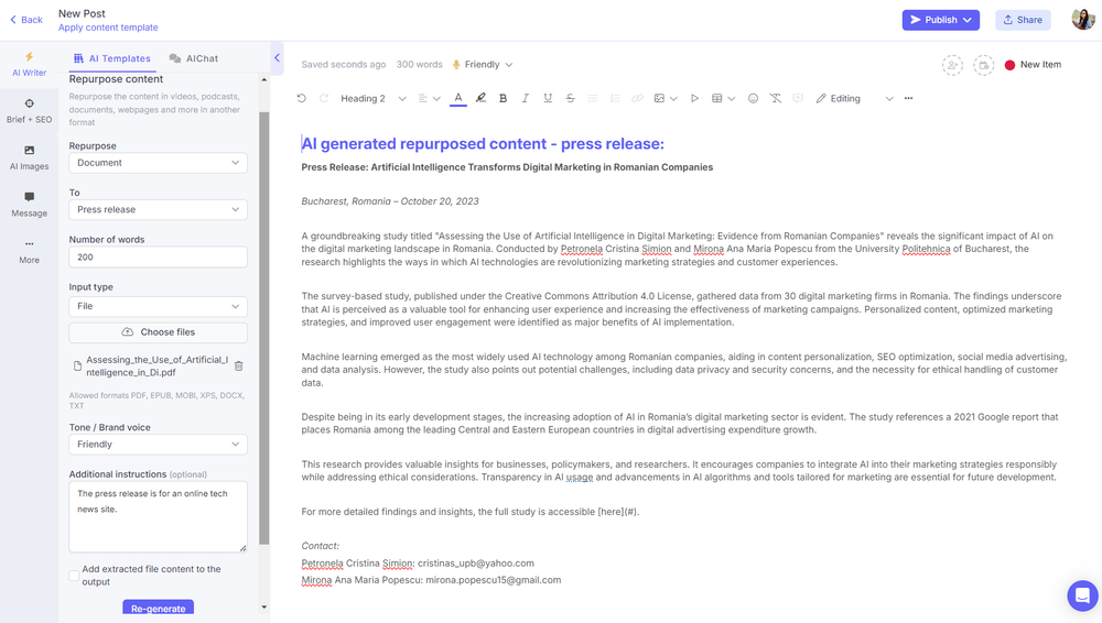 AI content repurposing - document to press release