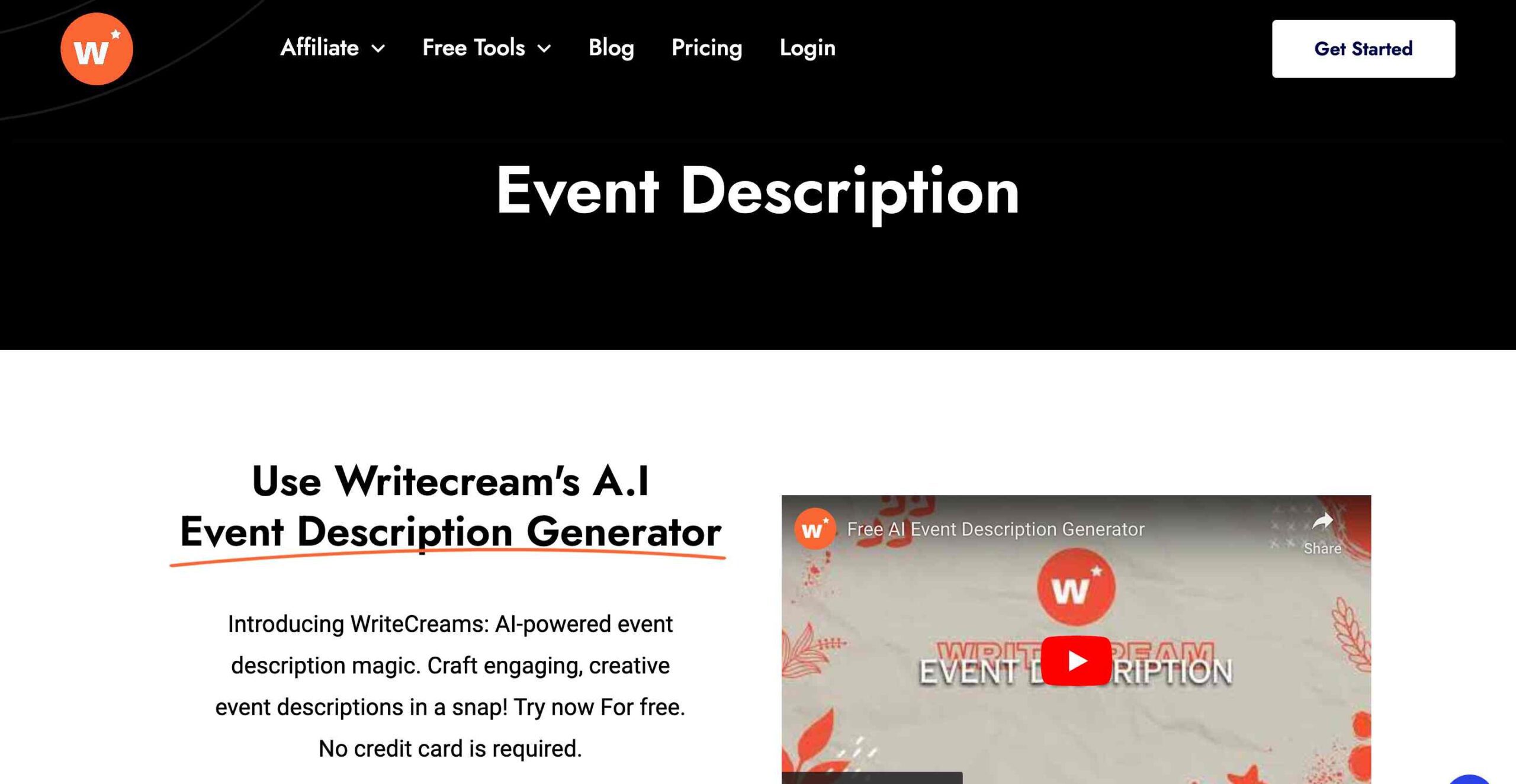 Writecream AI event description generator