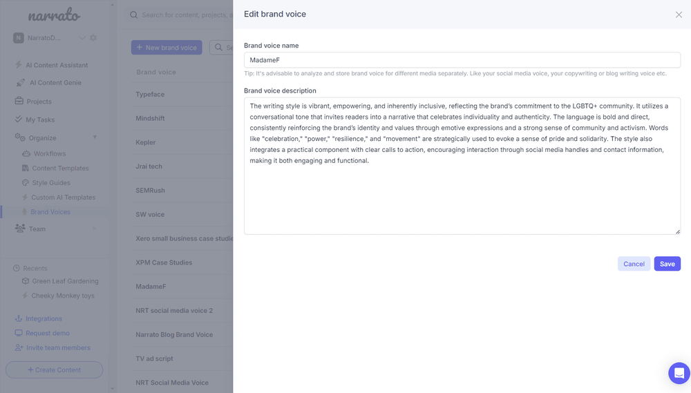 AI for content marketing - AI brand voice generator on Narrato