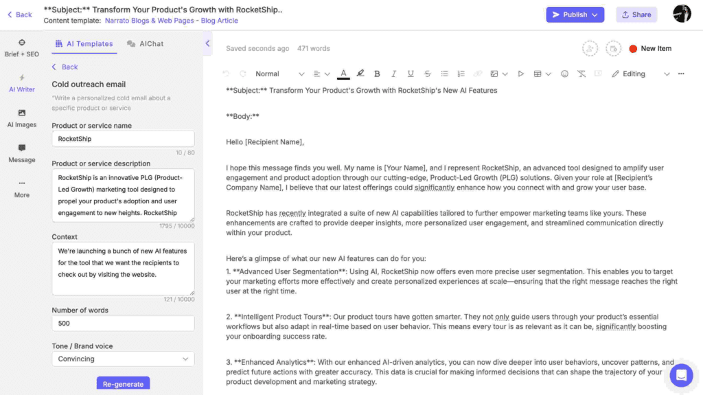 Narrato AI cold outreach email template