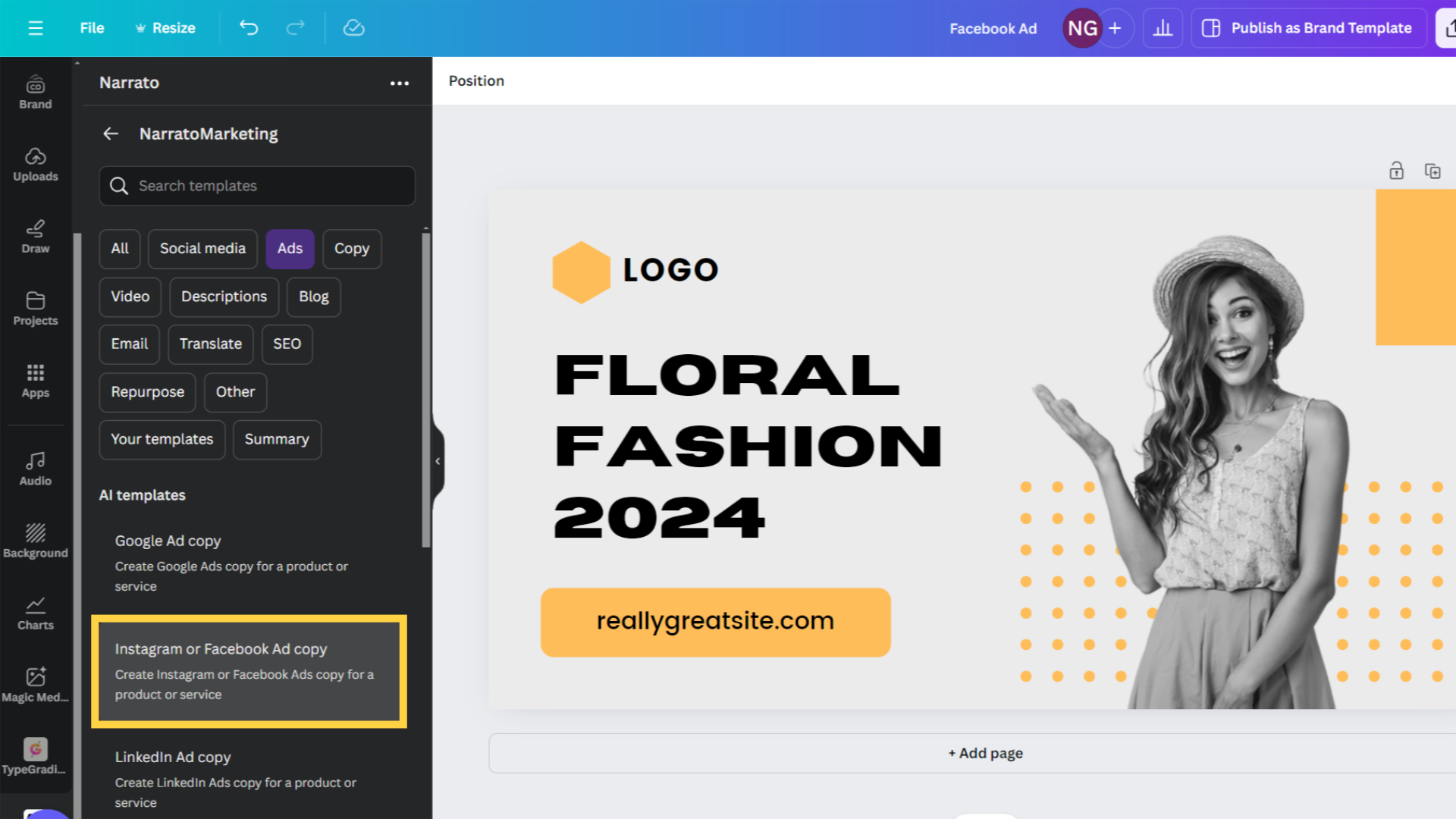 Narrato AI ad generator templates on Canva