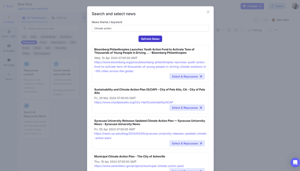 Search and repurpose news content AI tool on Narrato