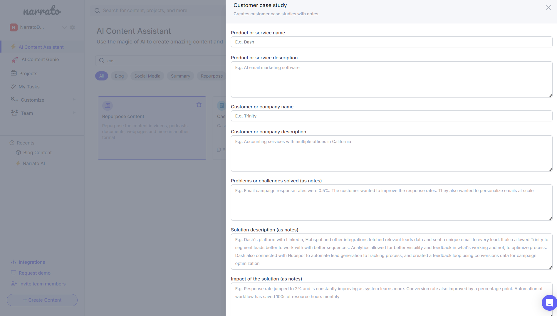 AI case study generator on Narrato