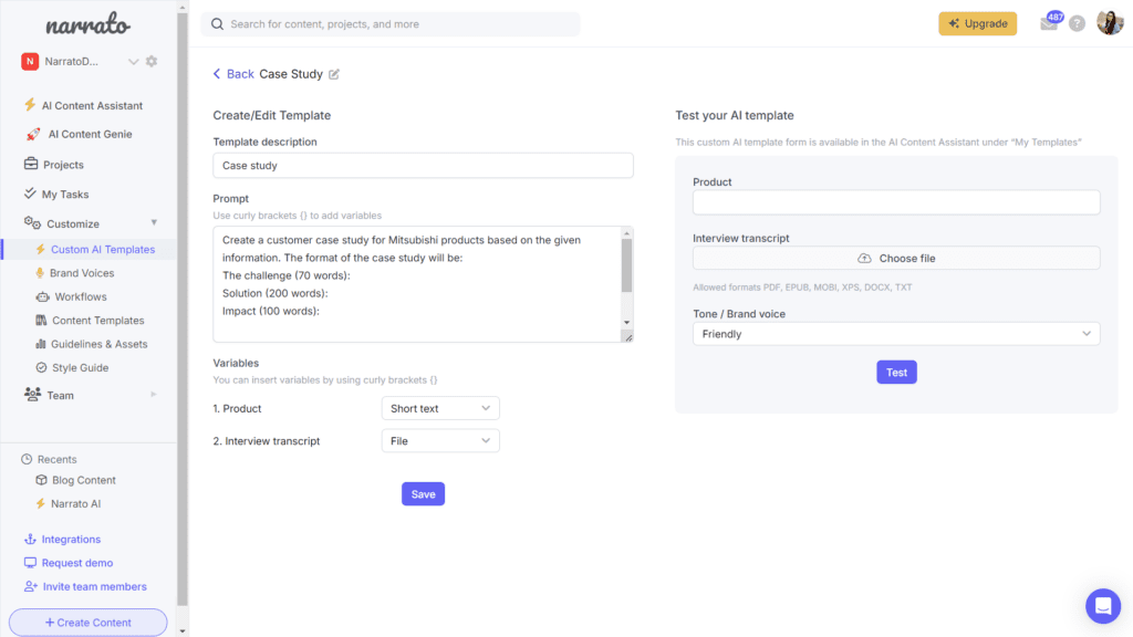 Custom AI templates for case studies on Narrato