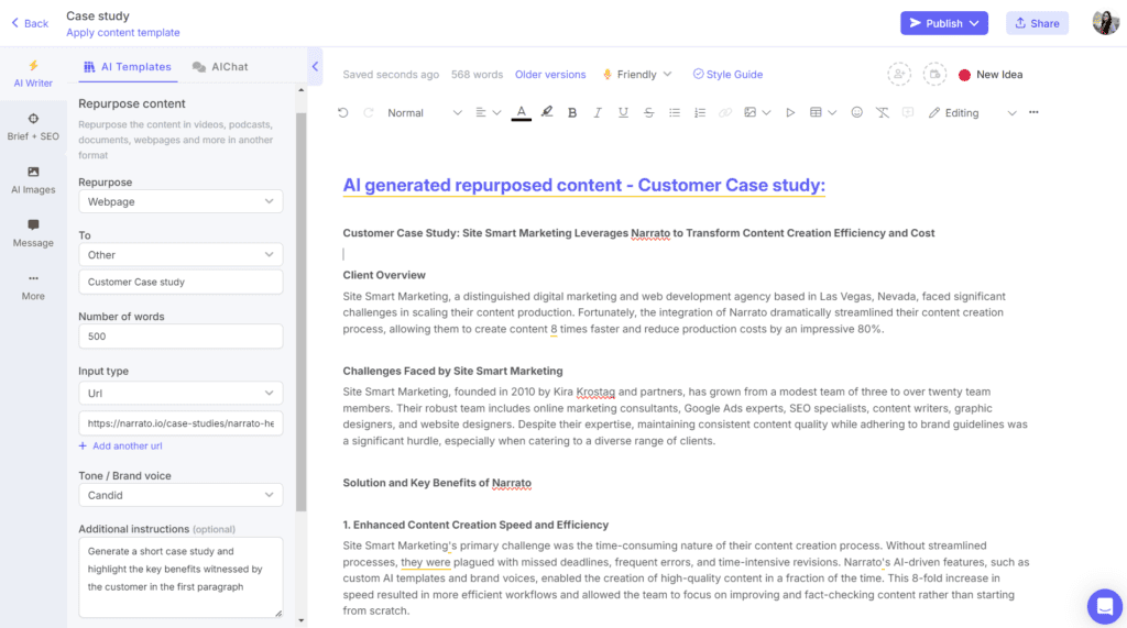 AI case study generated using AI content repurposing tool on Narrato