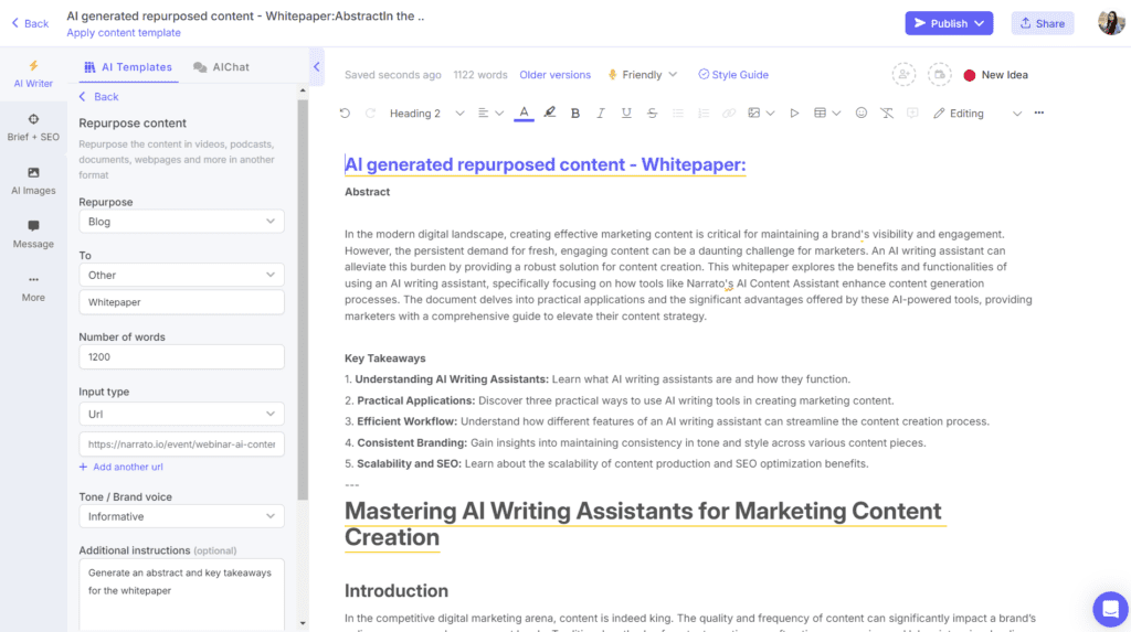 AI content repurposing blog to whitepaper on Narrato