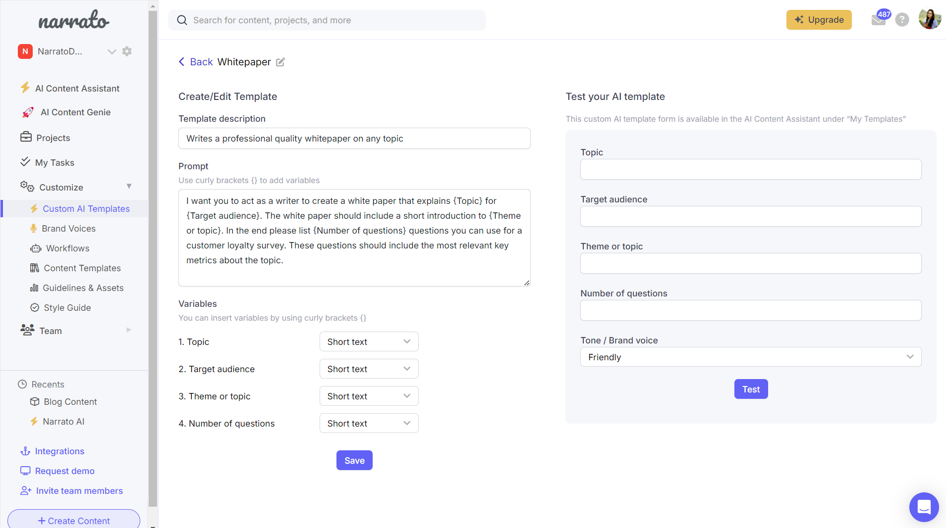 Create custom AI templates on Narrato