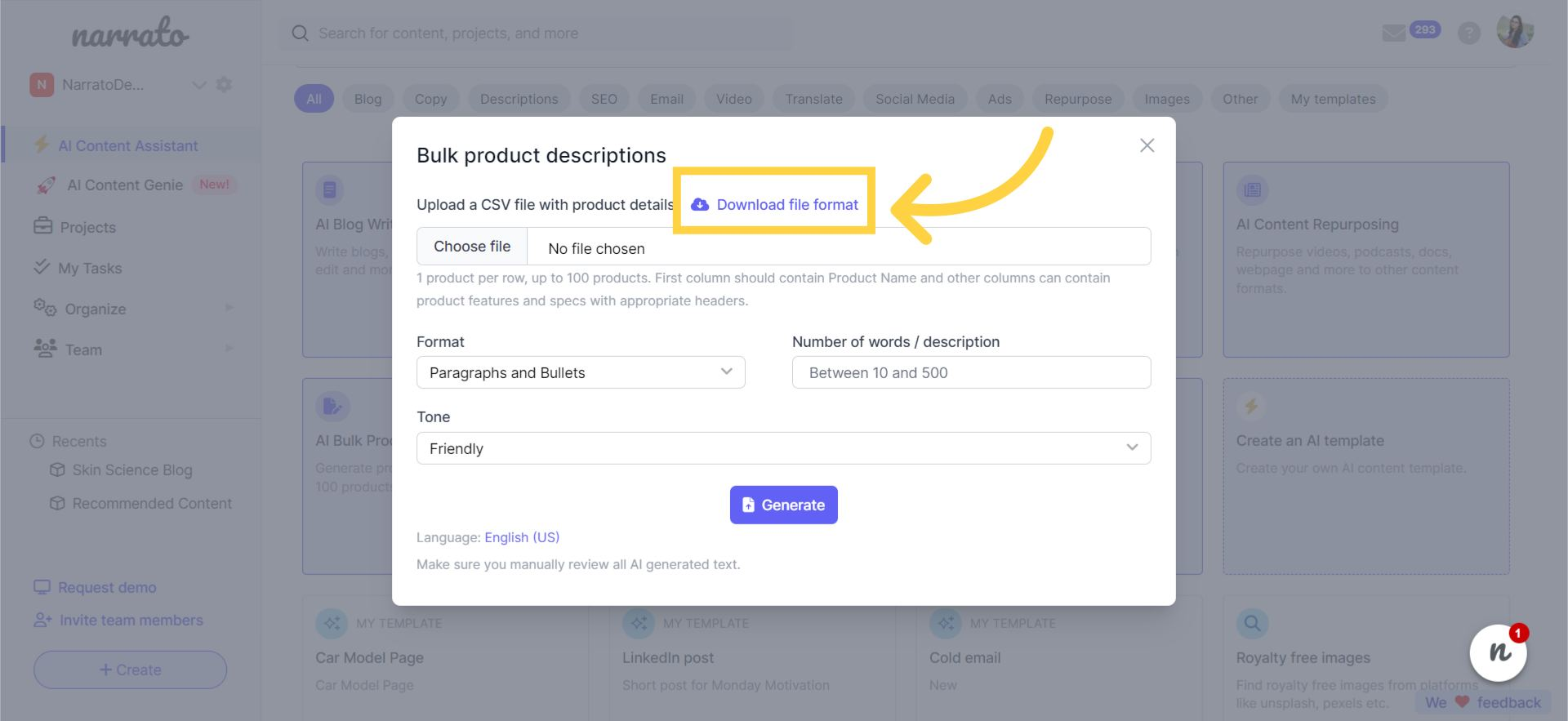 Downloading the sample CSV template