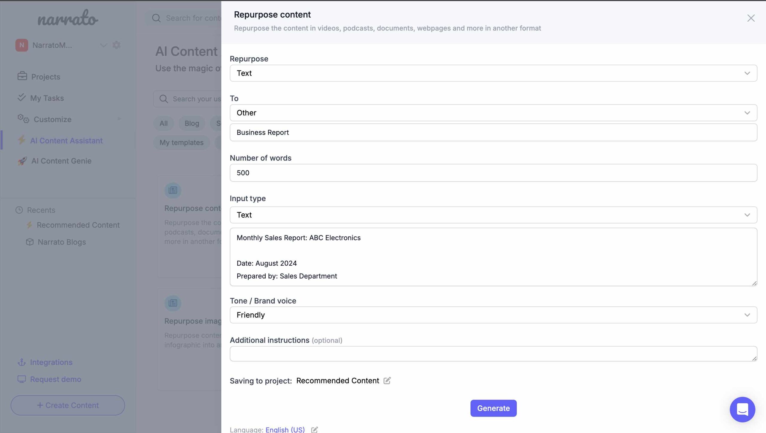 Providing inputs to AI content repurposing tool