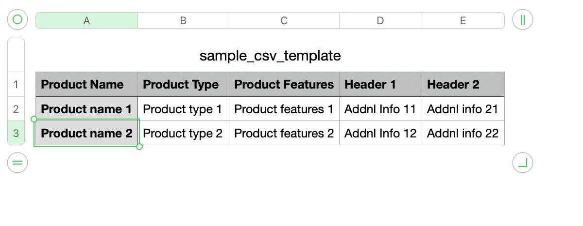 Sample file format for bulk product description generation