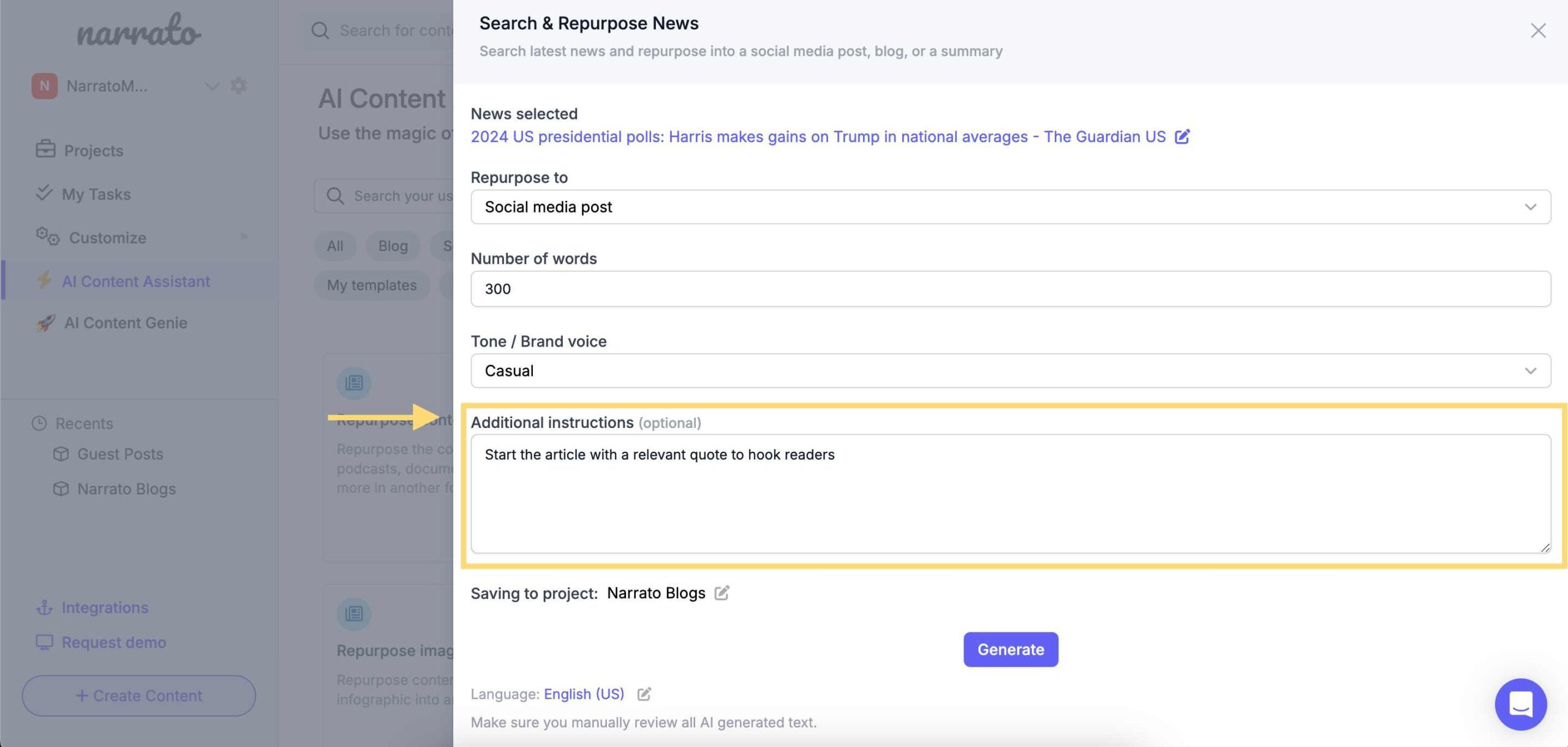 Add additional instructions to search and repurpose news