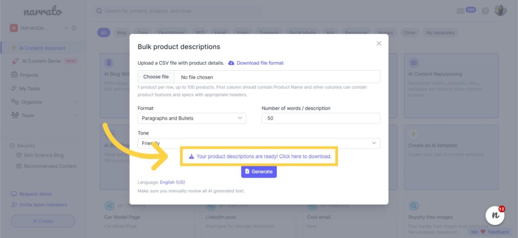 Download AI-generated product descriptions