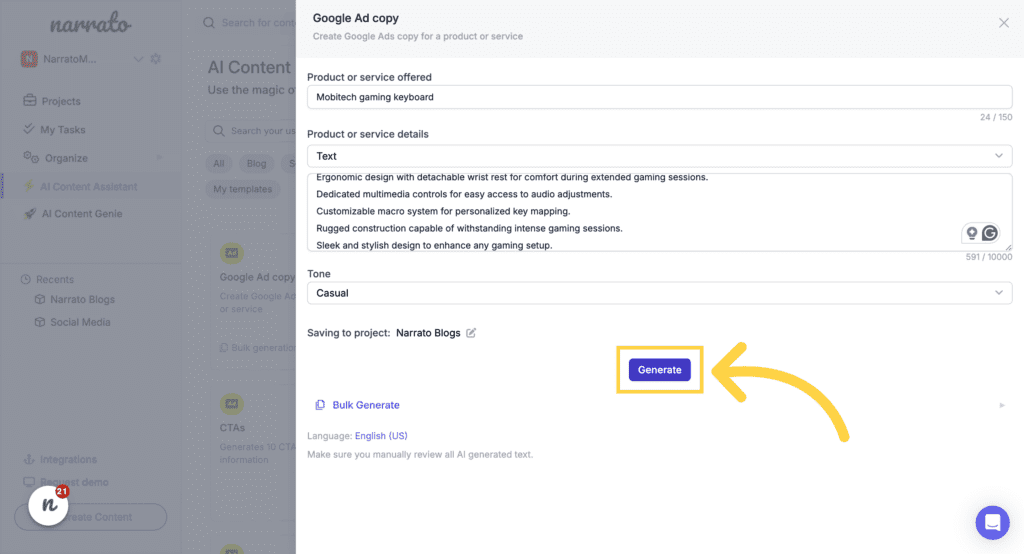 Choosing the tone for the ad copy and clicking generate