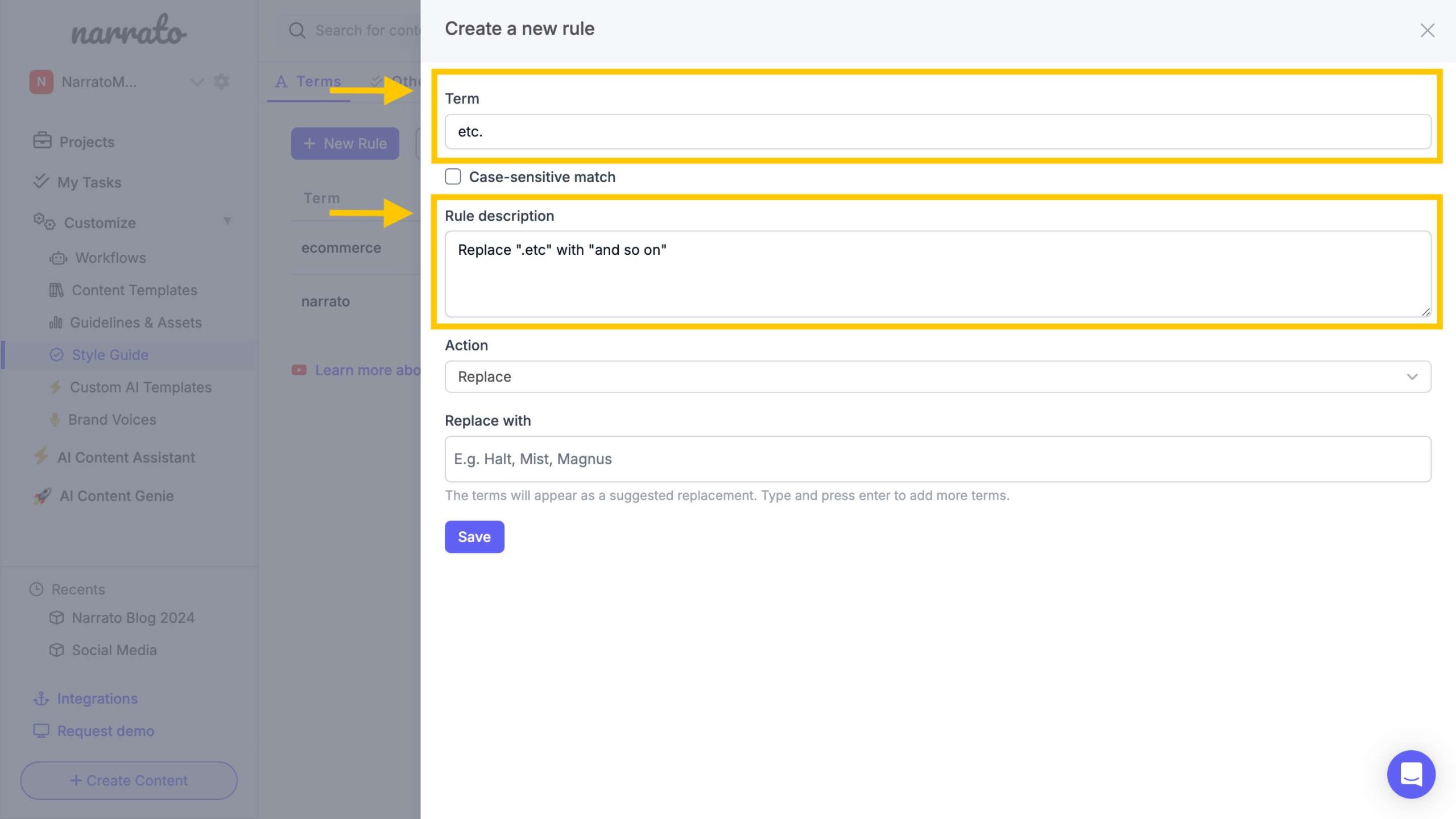 Setting term rule and description