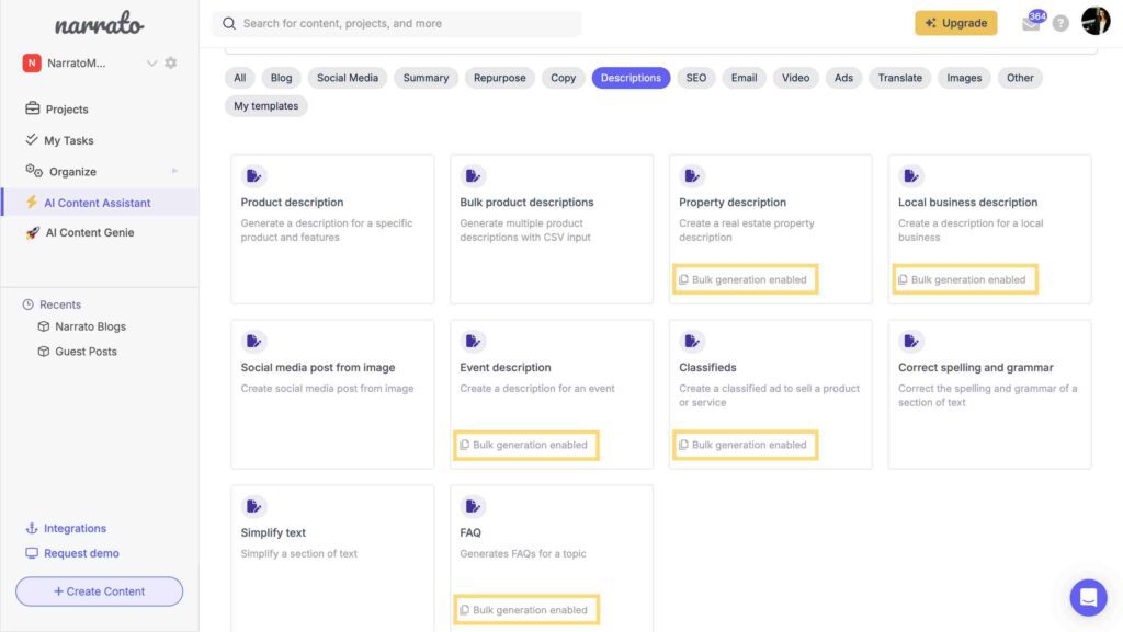 Bulk content generation templates on Narrato