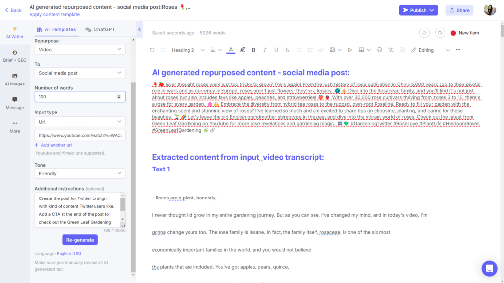 AI content repurposing tools on Narrato - Video to social  media post