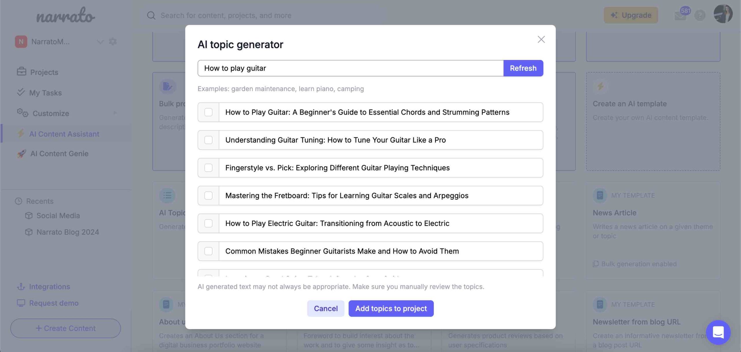 Narrato AI topic generator