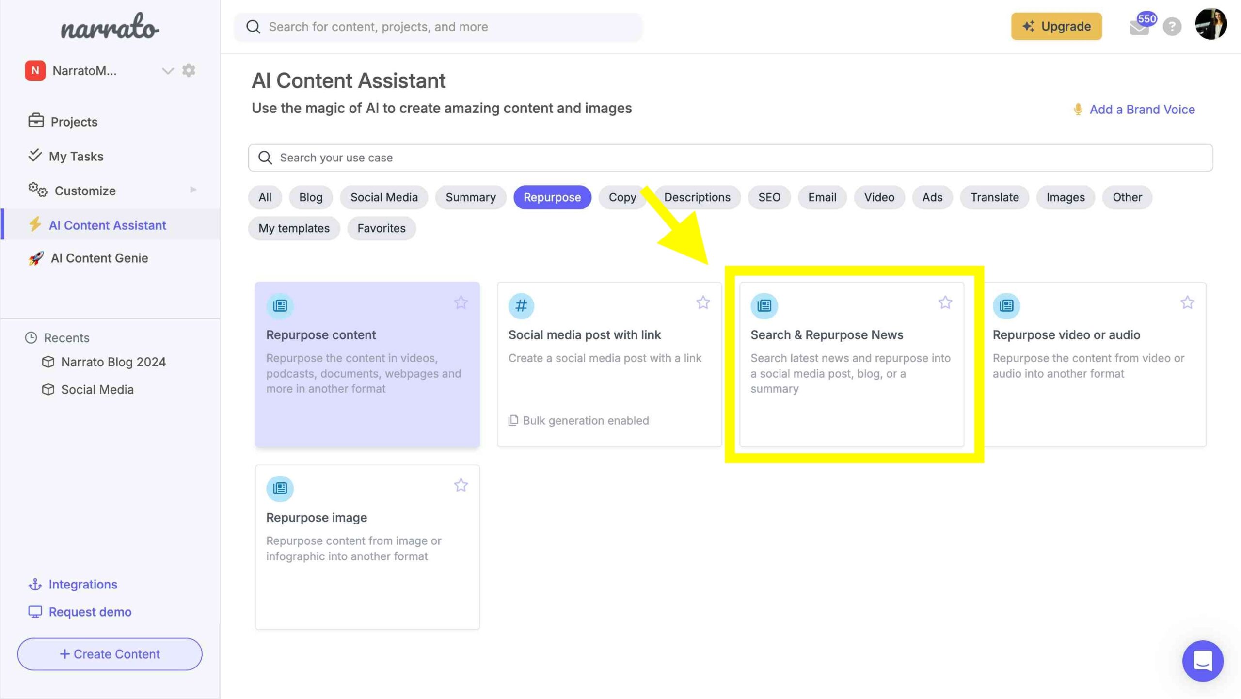 Narrato AI search and repurpose news template