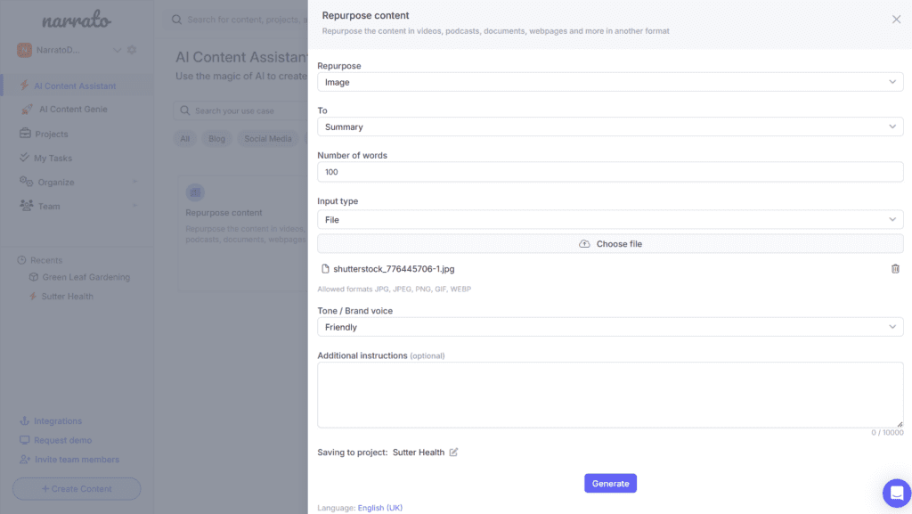 Repurpose content - image to summary on Narrato AI
