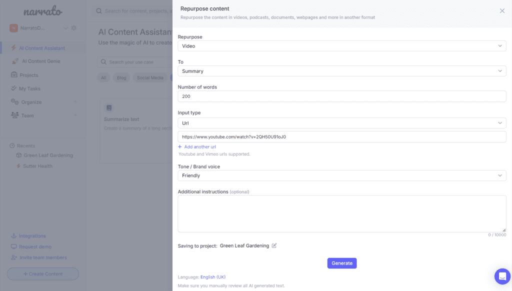 AI content repurposing tool on Narrato