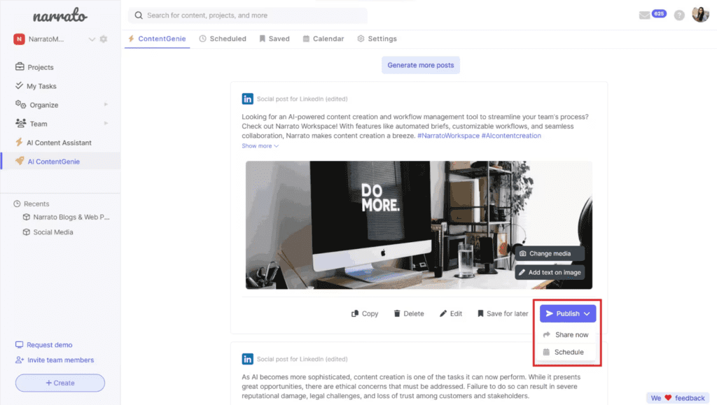 Automate social media posts publishing on Narrato