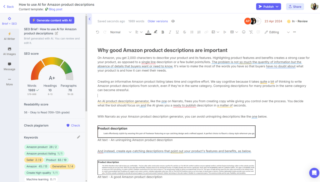 A better SEO score of existing content using Narrato