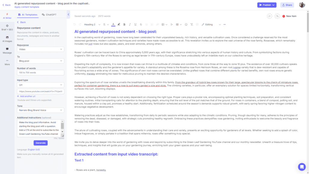 AI content repurposing tools on Narrato - Video to blog post