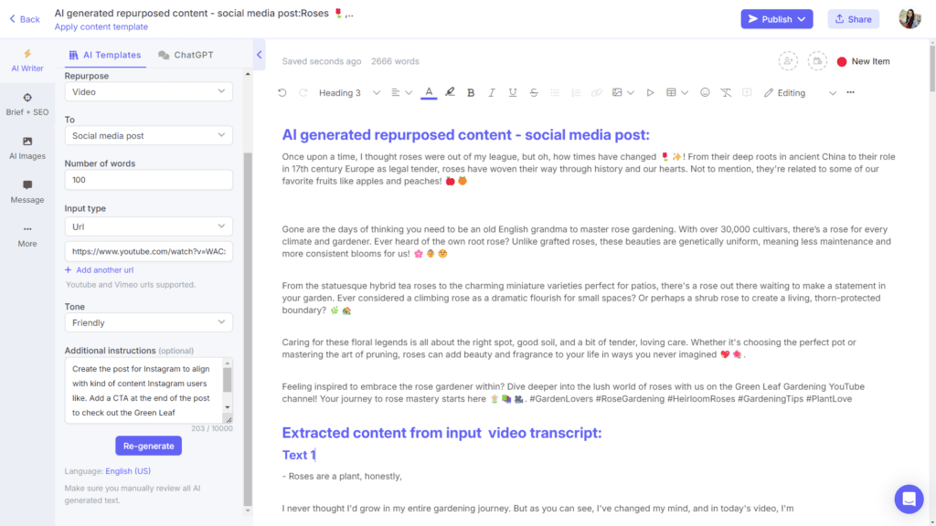 AI content repurposing tools on Narrato - Video to social  media post