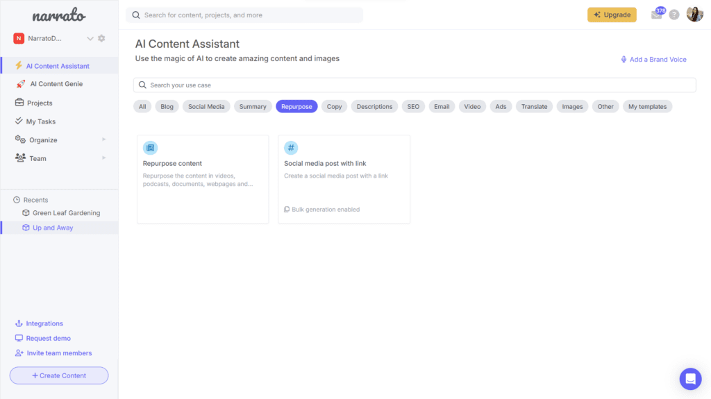 AI content repurposing tools on Narrato