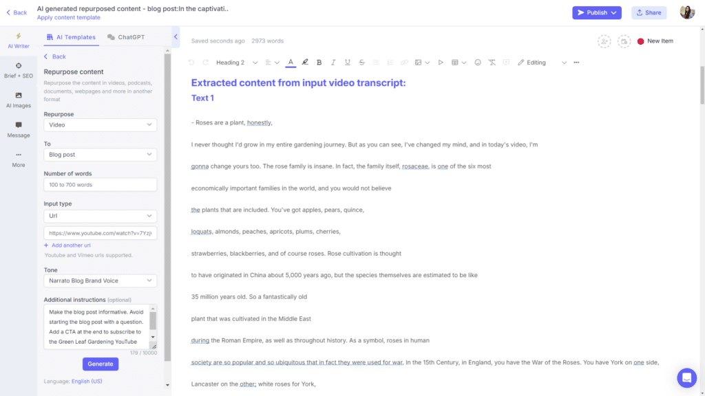 AI content repurposing tools on Narrato - Video to blog post