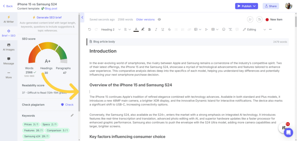 AI generated product comparison article on Narrato