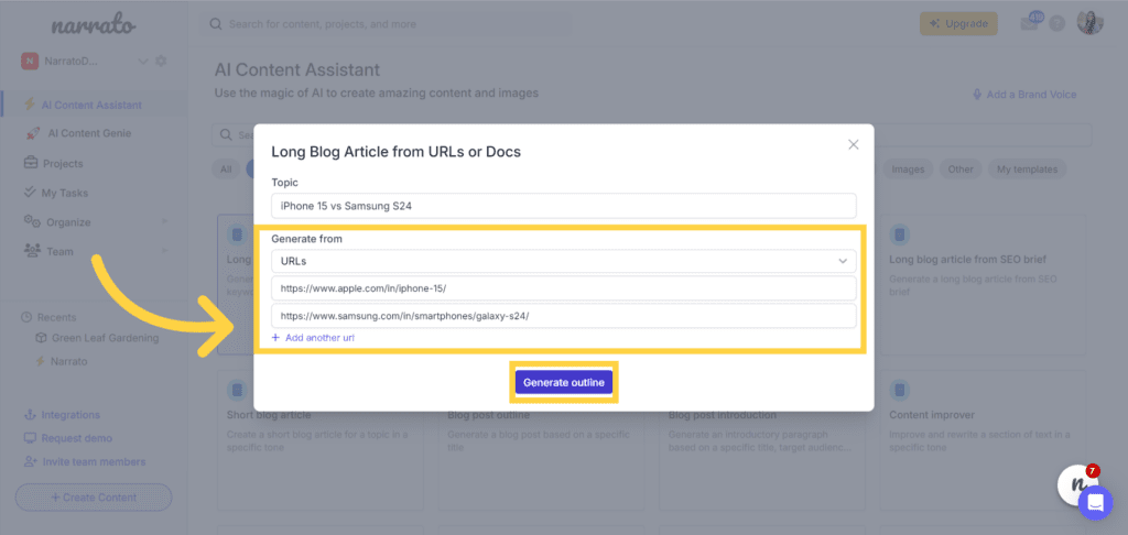 AI for product comparison articles on Narrato - long blog article generator