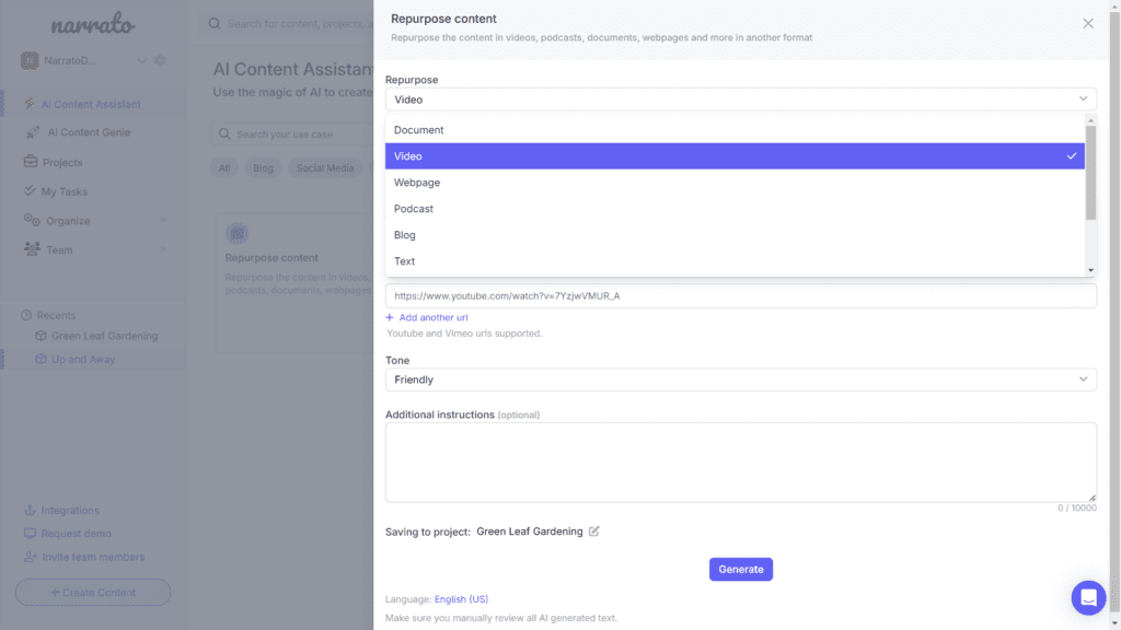 AI content repurposing tools on Narrato - Video to blog post