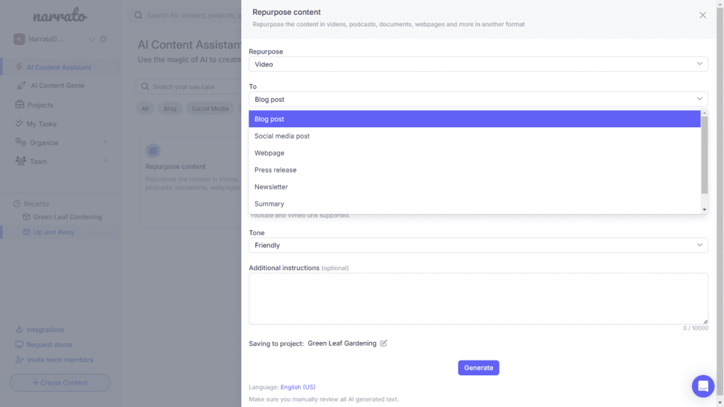 AI content repurposing tools on Narrato - Video to blog post