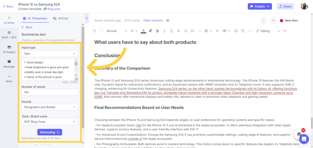 AI text summarizer for product comparison articles on Narrato