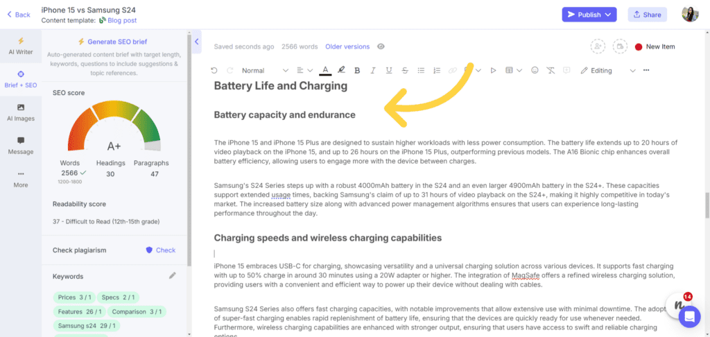 Product comparison articles generated by AI on Narrato