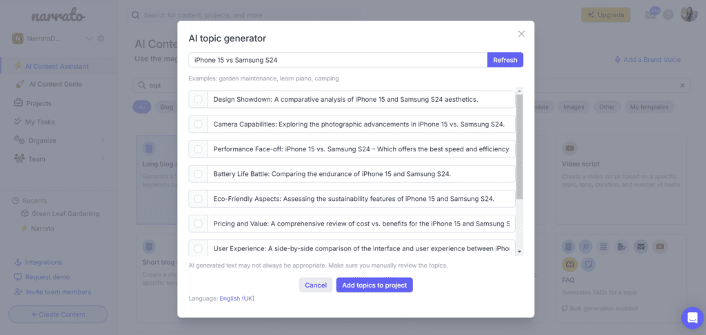 Narrato AI topic generator