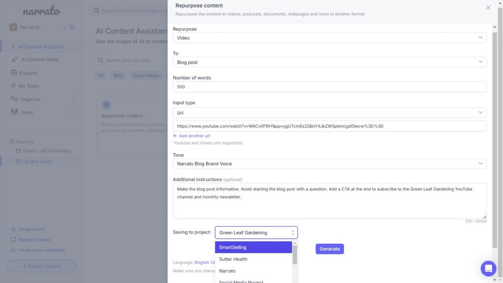 AI content repurposing tools on Narrato - Video to blog post