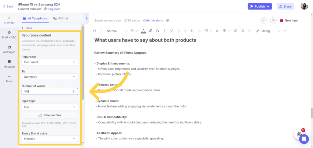 AI content repurposing tool for product comparison articles on Narrato